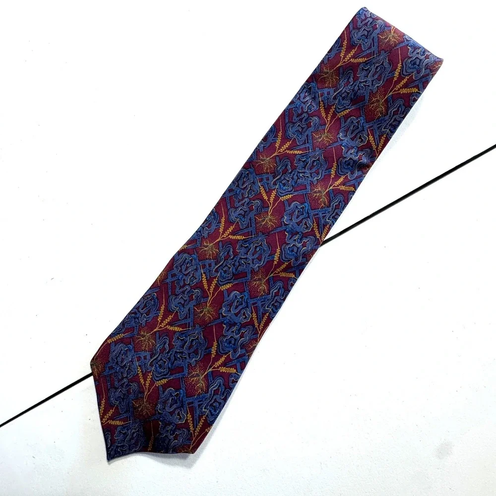 Christian Dior Tie Mens OS Burgundy Blue Abstract Silk Vintage Designer Academic